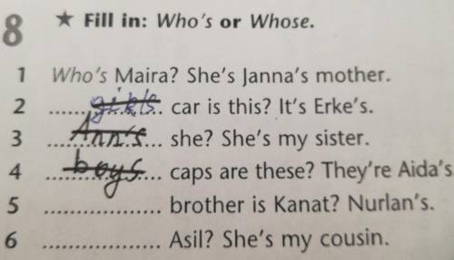 18 * Fill in: Who's or Whose.1.(образец)Who's Maira? She's Janna's mother.2car is this? 3 she? She's