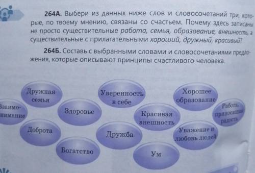 264A. Выбери из данных ниже слов и словосочетаний три, кото- рые, по твоему мнению, связаны со счаст