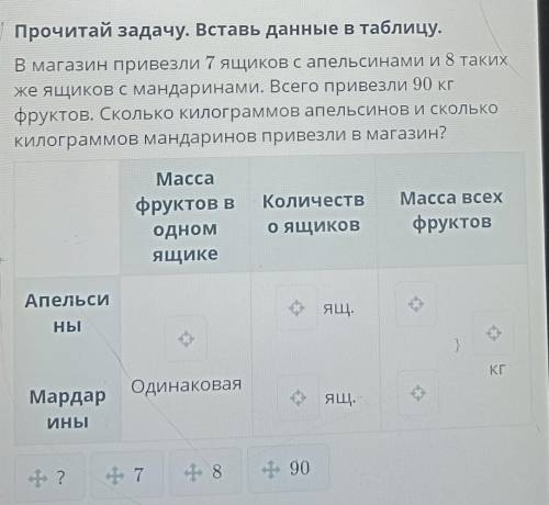 В магазин привезли 7 ящиков с апельсинами и 8 таких же ящиков с мандаринами. Всего привезли 90 кгфру
