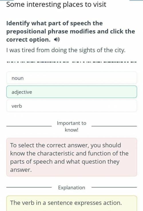 Some interesting places to visit Identify what part of speech the prepositional phrase modifies and