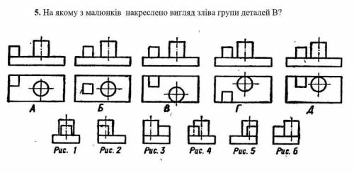 Графика. На якому з малюнків накреслено вигляд зліва групи деталей В?