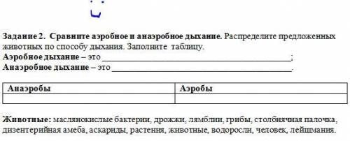 Задание 2. Сравните аэробное и анаэробное дыхание. Распределите предложенных животных по дыхания. За