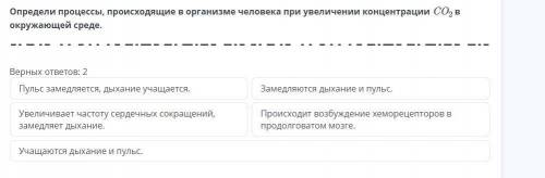 Определи процессы, происходящие в организме человека при увеличении концентрации CO2 в окружающей ср