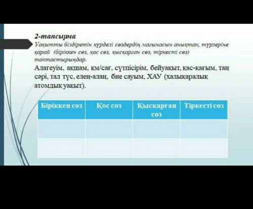 керек біріккен сөздер, қос сөз, қысқарған сөз, тіркесті сөз. Сөздер алагеуім, ақшам , км/сағ, сүтпіс