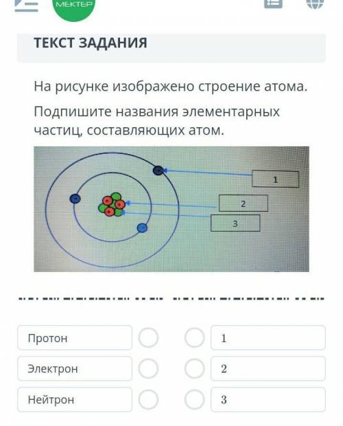 На рисунке изображено строение атома . Подпишите название элементарных частиц составляющих атом. Про