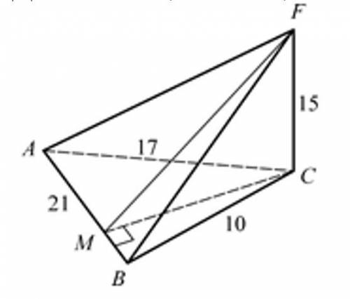 Найдите расстояние от точки F до прямой AB. Дано: ∆ABC, AB = 21, AC = 17, CB = 10, CF (ABC), CF = 15