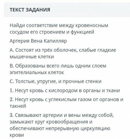Найдите соответствие между кровеносным сосудом ,и его функцией, строением​