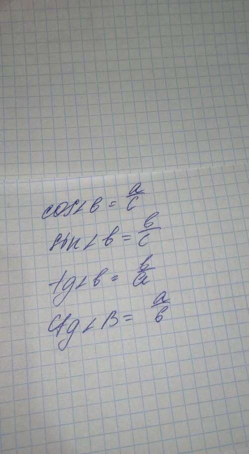 Запиши по рисунку, чему равен синус, косинус, тангенс и котангенс угла В. -​