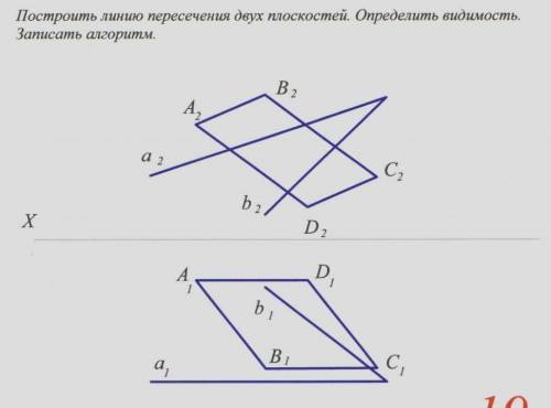 Построить линию пересечения двух плоскостей. Определить видимость.Записать алгоритм.​