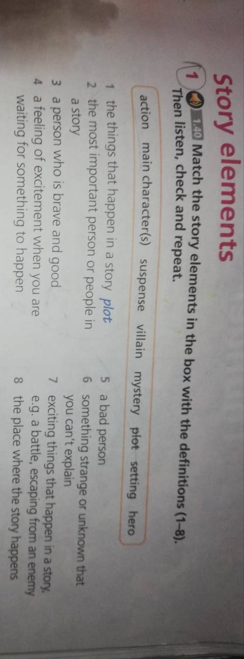 Match the story elements in the box with the definitions (1-8).Then listen, check and repeat