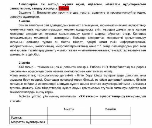   1-тапсырма. Екі мәтінді мұқият оқып, идеясын, мақсатты аудиториясын салыстырып, талдау жасаңыз. За