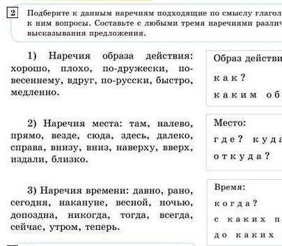 Стр.11. Упр.2. Подберите к данным наречиям подходящие по смыслу глаголы. Поставьте к ним вопросы. Со