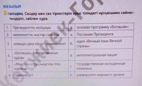 2-тапсырма. Сөздер мен сөз тіркестерін орыс тіліндегі нұсқасымен сәйкес- тендіріп, сөйлем құра.​