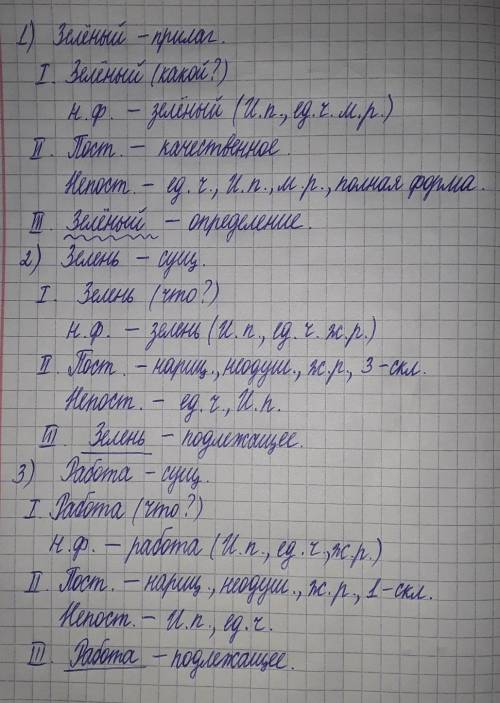 морфологический разбор слова зелёный, зелень, работа, ученик. ​