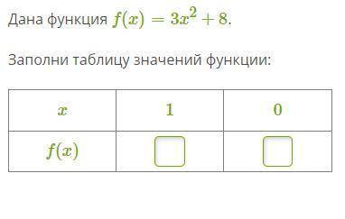 Дана функция f(x)=3x2+8. Заполни таблицу значений функции: X 1 0 F(X) __ __
