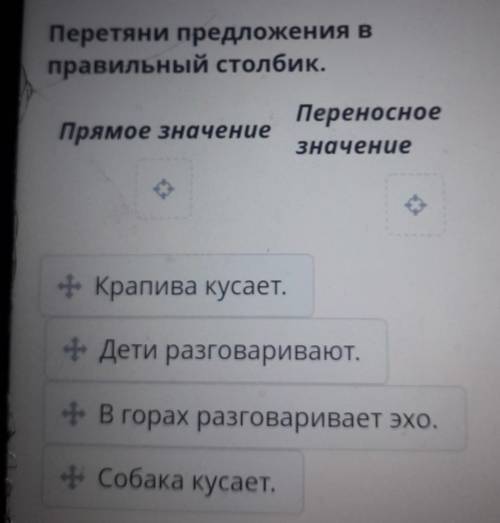 Перетяни предложения в правильный столбик.Прямое значениеПереносноеЗначение3+ Крапива кусает.+ Дети