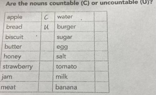 Are the nouns countable (c) or uncountable (u) ?