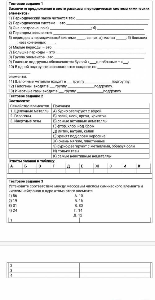 Тестовое задание 1 Закончите предложения в листе рассказа «периодическая система химических элементо