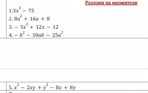 Разложи на множители 1)3x²-752)8a²+16a+8 3) -3x²+12x-124) -b²-10ab-25a²5) x²-2xy+y²-8x+8y​
