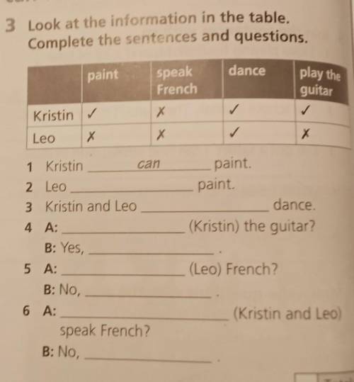 3 Look at the information in the table. Complete the sentences and questions.paintspeakdanceFrenchpl