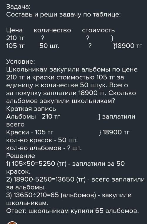 Составь задачу по таблице 270 тенге 105 тенге 6 штук количество? Стоимость 900 тенге​