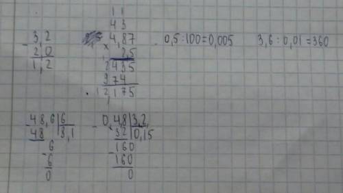 2. Вычислите: a)39,62 0,1=b)3,2-2-c) 2,5 • 4,87=d)0,5: 100=e) 3.6 : 0,01=f) 48,6:6 =g) 0,48 : 3,2=​