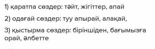 Жазылым 3-тапсырма. Берілген оқшау сөздерді түрлеріне қарай топтастыр. 1 сөйлемнен құрастыр.Түу, бал