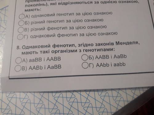 . Одинаковые фенотипы, согласно законам Менделя, имеют такие организмы з генотипами : a)aaBB и AABB