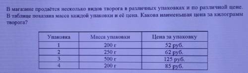 В магазине продаётся несколько видов творога в различных упаковках и по различной цене. В таблице по