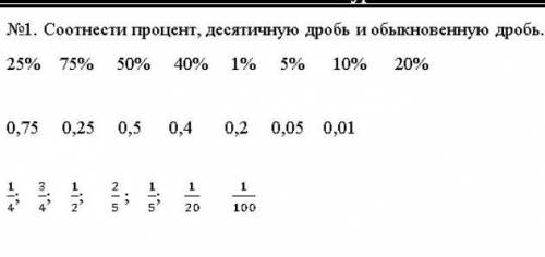 Соотнеси процент,обыкновеную дробь десятичную дробь​