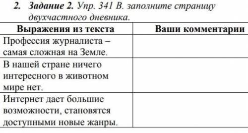 Задание 2. Упр. 341 В. заполните страницу двухчастного дневника.Выражения из текстаПрофессия журнали