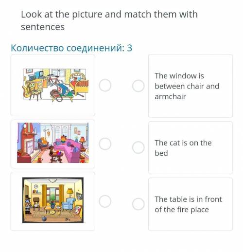 Look at the picture and match them with The window is between chair and armchairThe cat is on the be