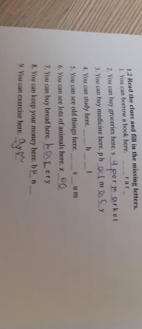 1.2 Read the clues and fill in the missing letters. 1. You can borrow a book here.rar_2. You can buy