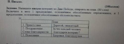 надо русский язык Задание. Напишите письмо ветерану ко Дню Победы, опираясь на план (80 слов) Включи