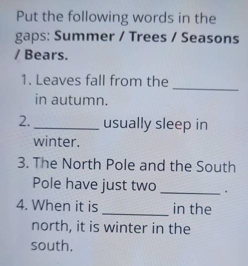 Put the following words in the gaps: Summer / Trees / Seasons/ Bears.1. Leaves fall from thein autum