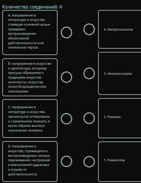 Соотнисете стили в искусство и их характеристику: А направления Литературе и искусстве, ставящее осн
