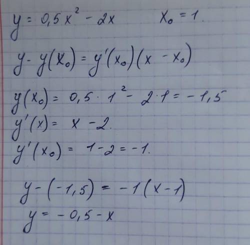 Напишите уровнение касательной к графику функции y=f(x) в точке с абсциссой x0, если y -=0,5x^2-2x,