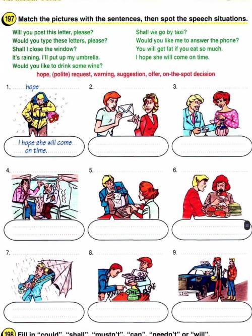Нужна 197. Match the pictures with the sentences, then spot the speech situations.
