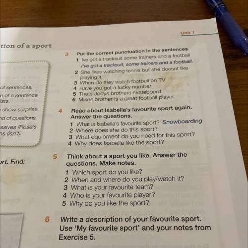1 Which sport do you like? 2 When and where do you play/watch it? 3 What is your favourite team? 4 W