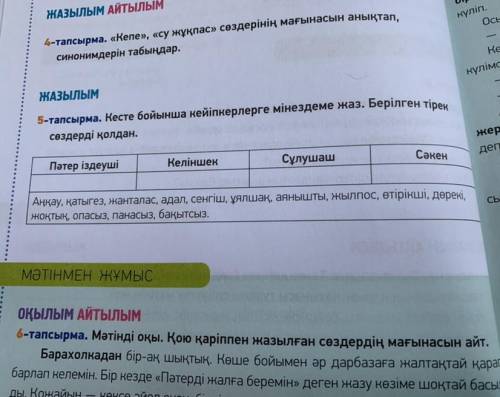 Кесте бойынша кейіпкерлерге мінездеме жаз. Берілген тірек сөздерді қолдан.