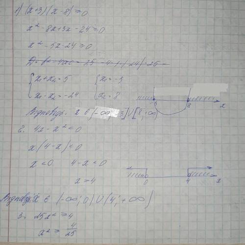 1) (x+3)(x-8) >(либо ровно)0 2) 4x - x^2 < 0 3) 25 x^2>(либо ровно)4 4) x^2 - 4x +3 <(ли