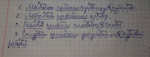Разберите по членам предложения. 1.Мальчик пришил пуговицу к рубашке. 2.Лаборант привинтил прибор.