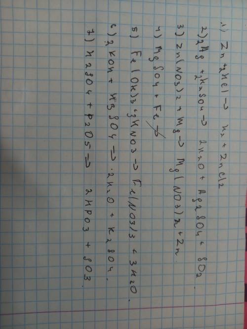 Солнышки Розв'яжіть рівняння можливих реакцій: 1)Zn+HCI=2)Ag+H2SO4(розбавлена)=3)Zn(No3)2+Mg=4)MgSO4