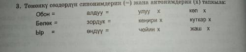 Төмоөнкү сөздөрдүн синонимдерин (=) жана антонимдерин (х)тапкыла