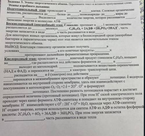 плз! поставил Задание 3. Этапы энергетического обмена. Перепишите текст и вставьте пропущенные слова