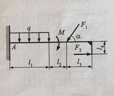 Определить реакцию опор балки M=30 Кн • м F1=40 F2=20 q=30 a=90 l1=3 l2=1 l3=2 l4=1