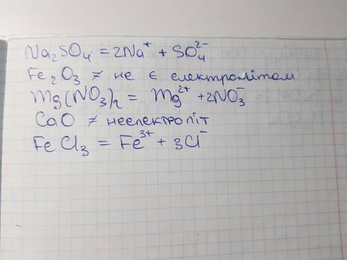 На які йони дисоціюють речовини Na2SO4, Fe2O3, Mg(NO3)2, CaO, FeCl3