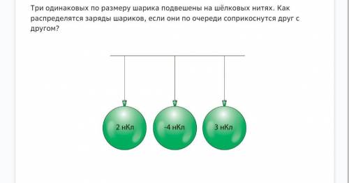 Три одинаковых по размеру шарика подвешены на шёлковых нитях. Как распределятся заряды шариков, если
