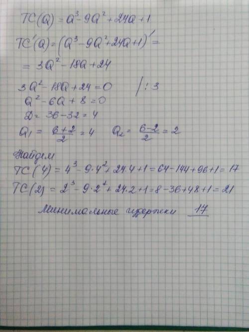 решить Найти величину минимальных издержек функции ТС(Q)=Q^3-9Q^2+24Q+1