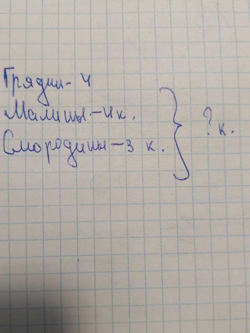 Решите задачу, с условием если не сложно. На 4 грядках росло по 3 куста смородины и по 4 куста малин